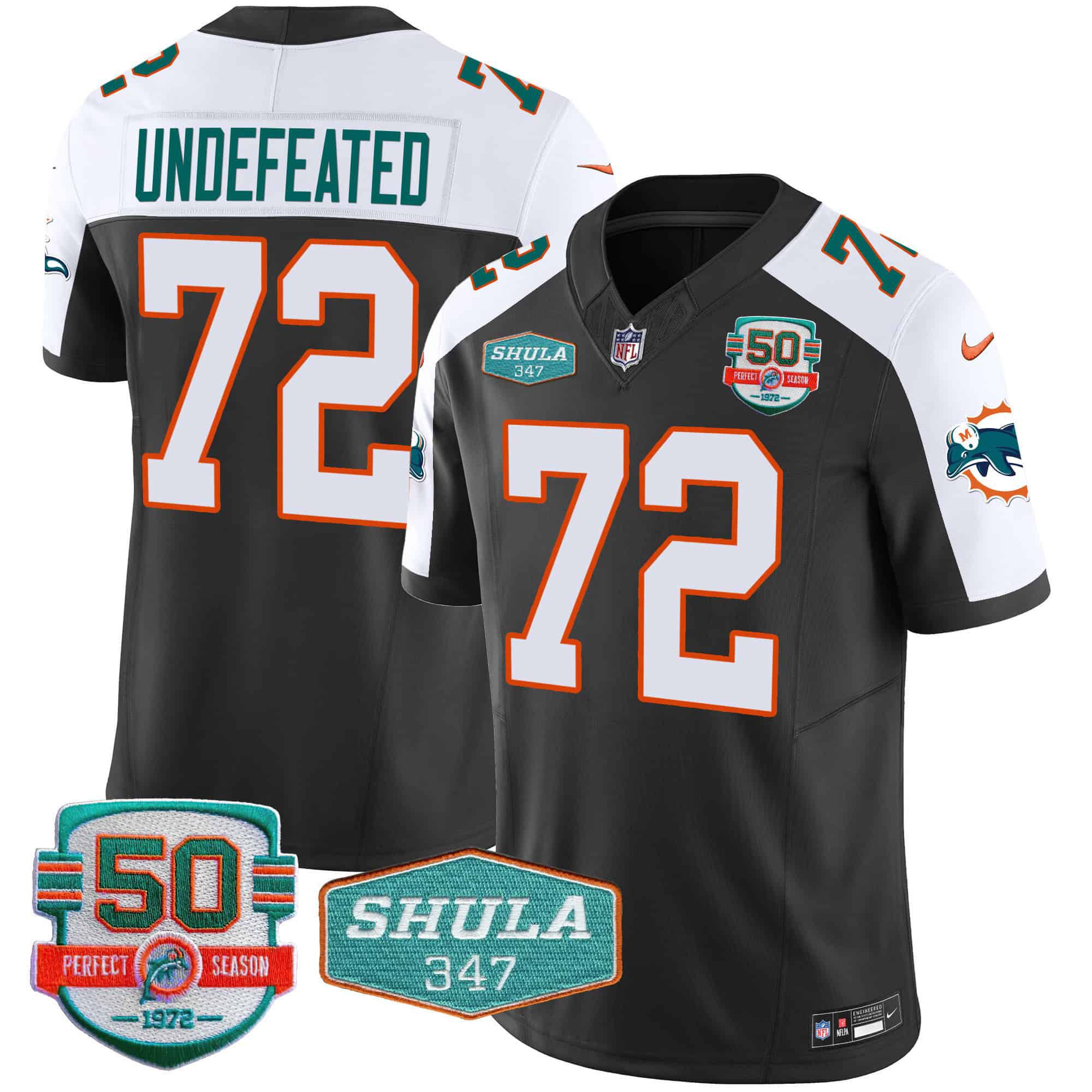 Men Miami Dolphins #72 Undefeated Black 2024 Nike Throwback Shula 347 Patch Vapor NFL Jersey